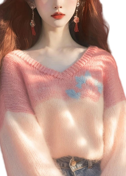 New Pink V Neck Patchwork Knit Sweaters Winter Wx020