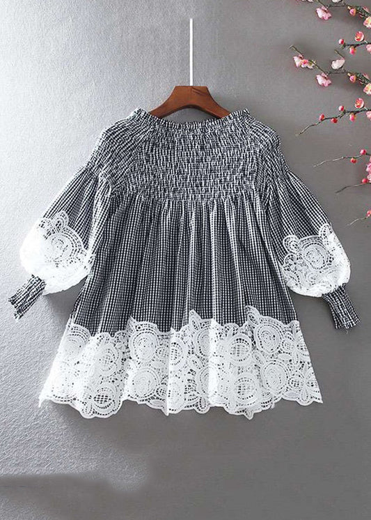 New Plaid Hollow Out Patchwork Cotton Blouse Bracelet Sleeve Vv019