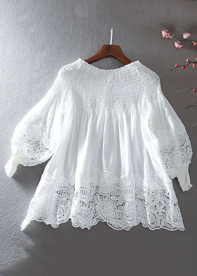 New Plaid Hollow Out Patchwork Cotton Blouse Bracelet Sleeve Vv019