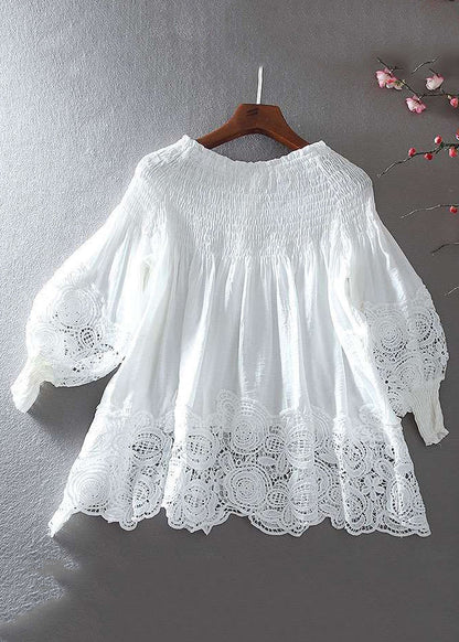 New Plaid Hollow Out Patchwork Cotton Blouse Bracelet Sleeve Vv019