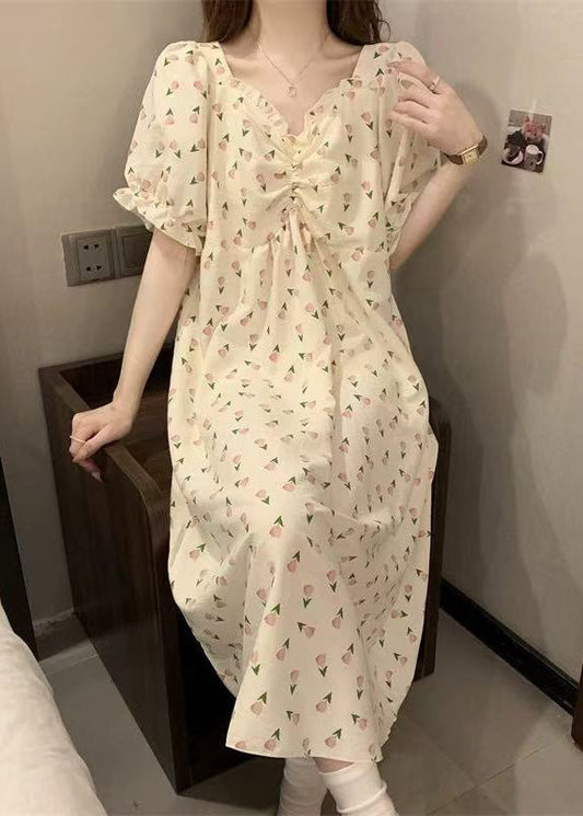 New Print Wrinkled Cotton Pajamas Long Dress Butterfly Sleeve Yk025