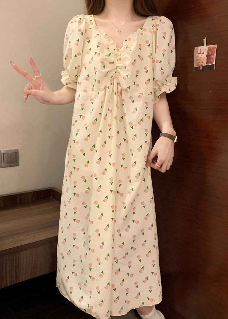 New Print Wrinkled Cotton Pajamas Long Dress Butterfly Sleeve Yk025
