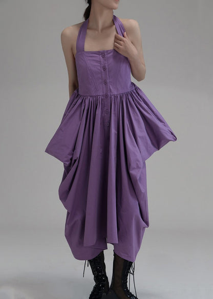 New Purple Asymmetrical Wrinkled Button Cotton Long Dress Sleeveless Ab1033