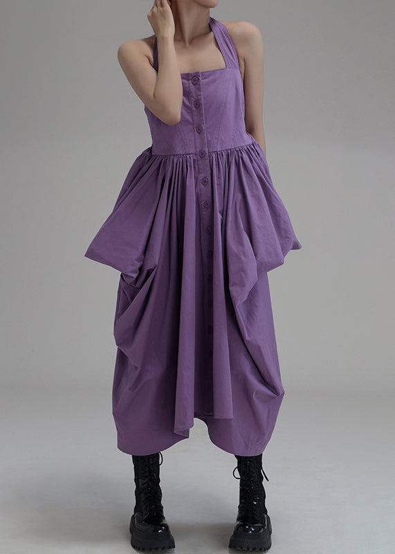 New Purple Asymmetrical Wrinkled Button Cotton Long Dress Sleeveless Ab1033