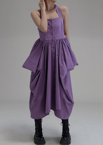 New Purple Asymmetrical Wrinkled Button Cotton Long Dress Sleeveless Ab1033
