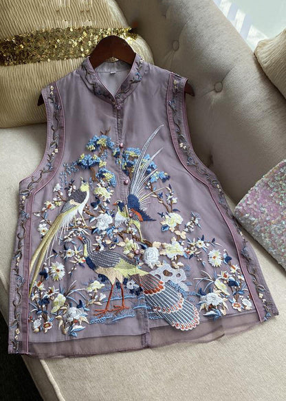 New Purple Embroidered Button Tulle Waistcoat Sleeveless Qe015