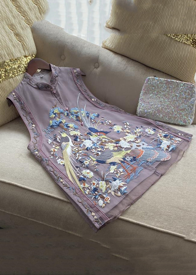 New Purple Embroidered Button Tulle Waistcoat Sleeveless Qe015