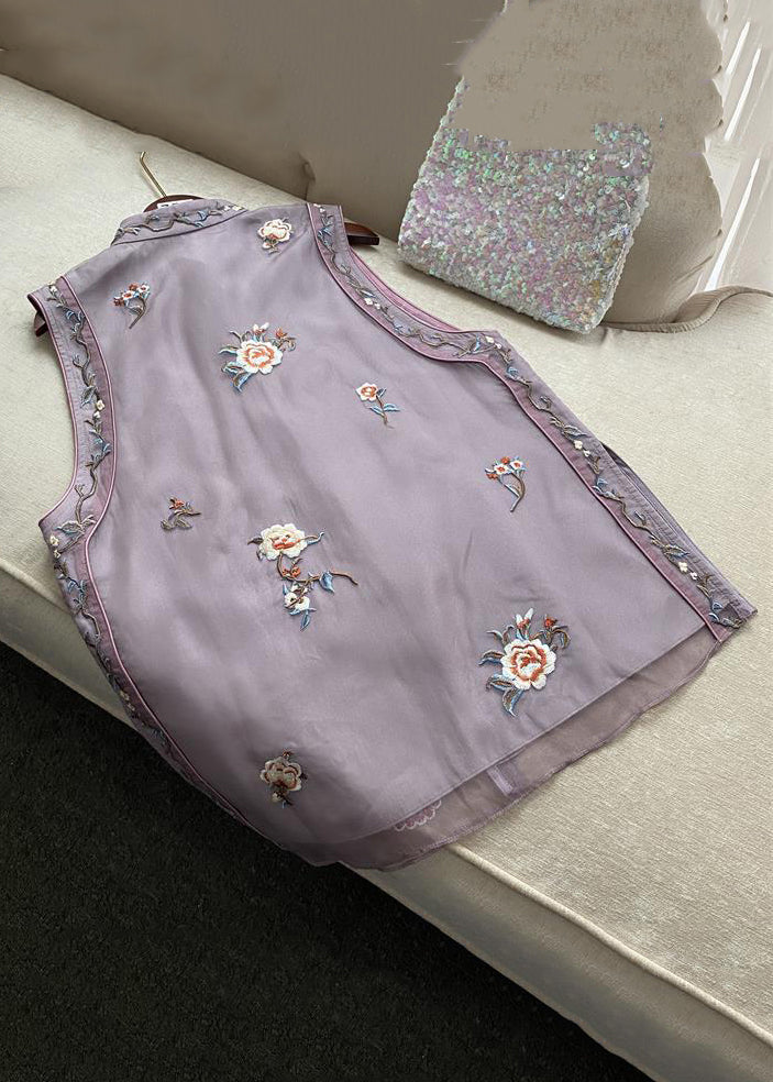 New Purple Embroidered Button Tulle Waistcoat Sleeveless Qe015