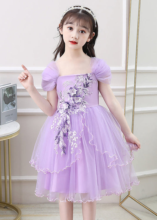 New Purple Embroideried High Waist Tulle Vacation Maxi Dresses Summer Ew013