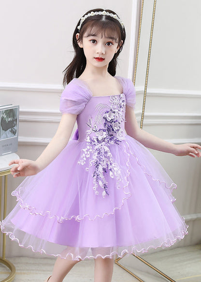 New Purple Embroideried High Waist Tulle Vacation Maxi Dresses Summer Ew013