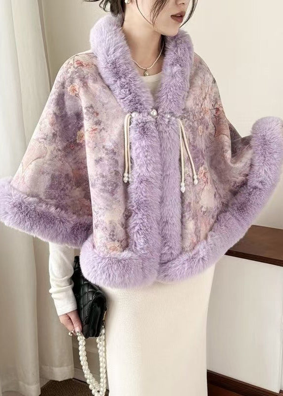 New Purple Fur Collar Print Warm Fleece Cape Coats Winter Rc009