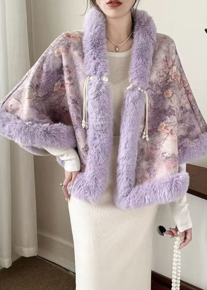 New Purple Fur Collar Print Warm Fleece Cape Coats Winter Rc009
