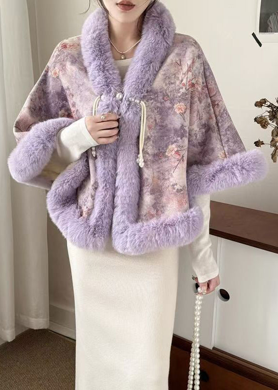 New Purple Fur Collar Print Warm Fleece Cape Coats Winter Rc009