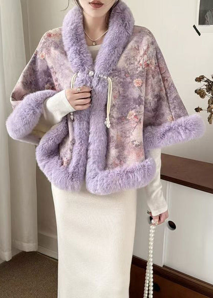 New Purple Fur Collar Print Warm Fleece Cape Coats Winter Rc009