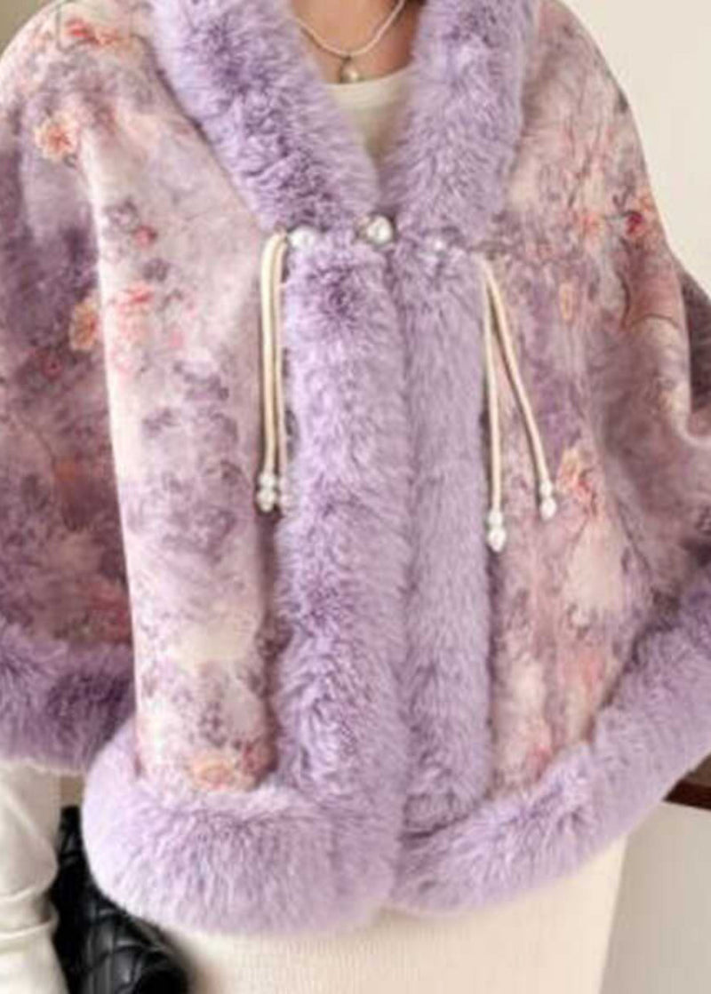 New Purple Fur Collar Print Warm Fleece Cape Coats Winter Rc009