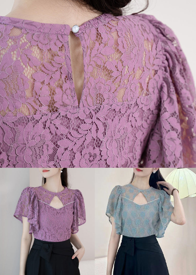 Blue Button Blouses O-neck Short Sleeve Op1017