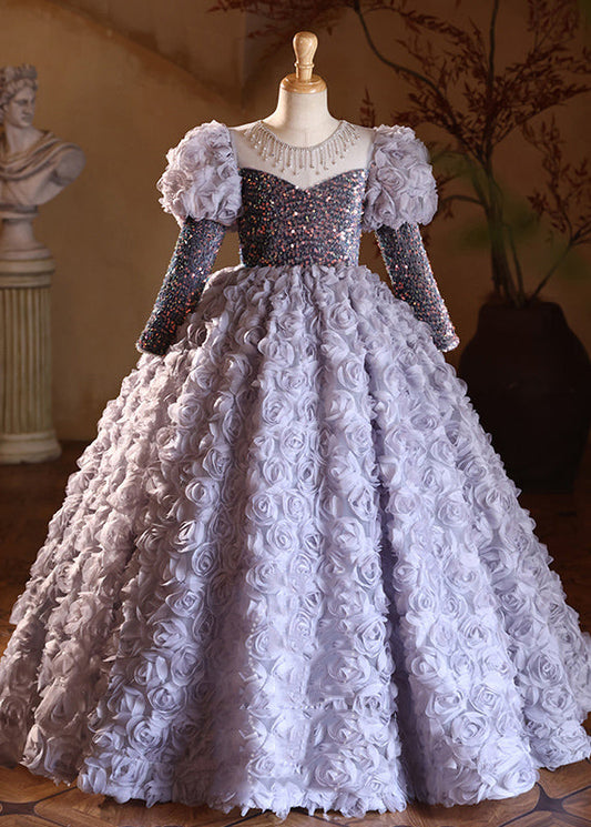 New Purple O-neck Sequins Tulle Long Dress Spring Yg015