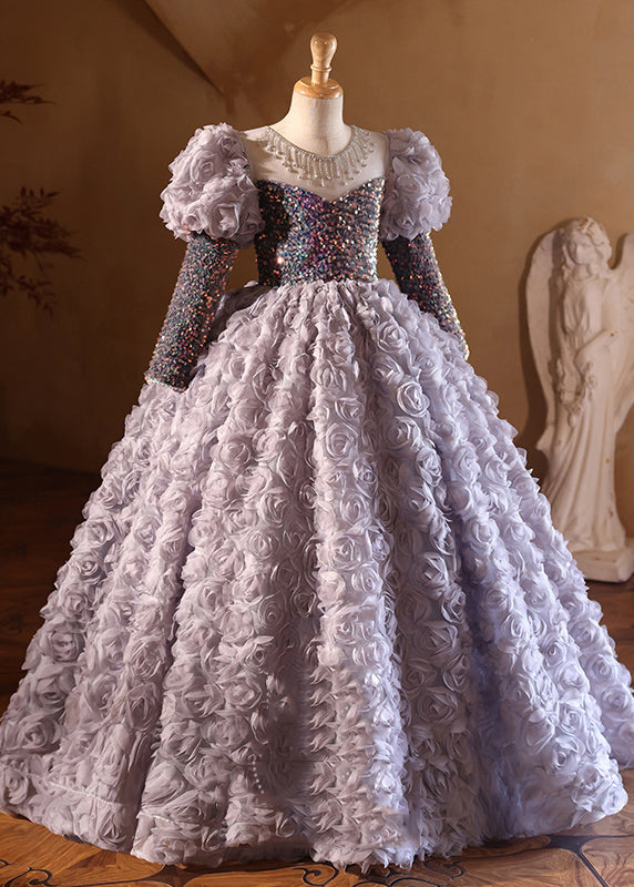 New Purple O-neck Sequins Tulle Long Dress Spring Yg015