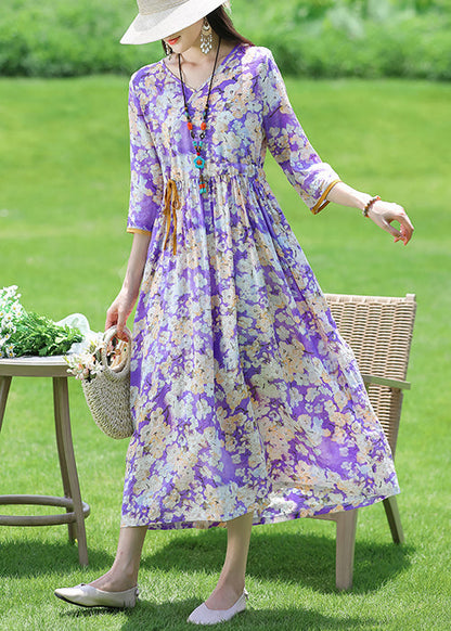 New Purple V Neck Print Lace Up Cotton Long Dress Half Sleeve Jh025