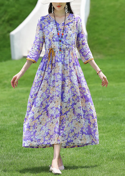 New Purple V Neck Print Lace Up Cotton Long Dress Half Sleeve Jh025