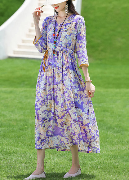 New Purple V Neck Print Lace Up Cotton Long Dress Half Sleeve Jh025