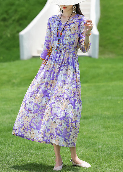 New Purple V Neck Print Lace Up Cotton Long Dress Half Sleeve Jh025