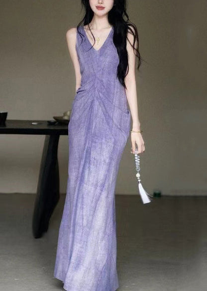 New Purple V Neck Cotton Long Dresses Sleeveless Kk022