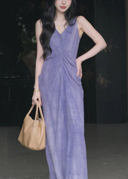 New Purple V Neck Cotton Long Dresses Sleeveless Kk022