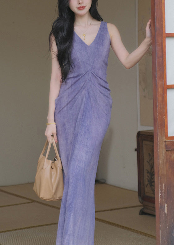 New Purple V Neck Cotton Long Dresses Sleeveless Kk022