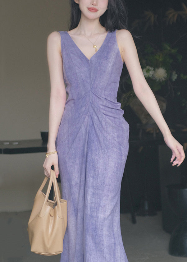 New Purple V Neck Cotton Long Dresses Sleeveless Kk022