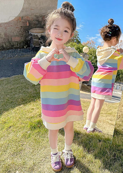 New Rainbow Hooded Lace Up Cotton Sweatshirt Dress Fall Xz074
