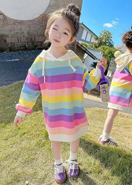 New Rainbow Hooded Lace Up Cotton Sweatshirt Dress Fall Xz074