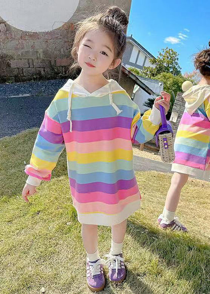 New Rainbow Hooded Lace Up Cotton Sweatshirt Dress Fall Xz074