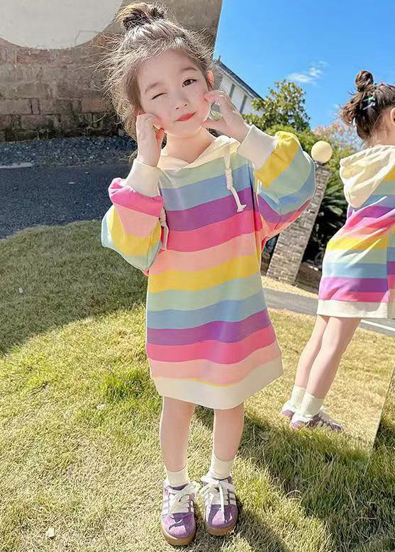 New Rainbow Hooded Lace Up Cotton Sweatshirt Dress Fall Xz074