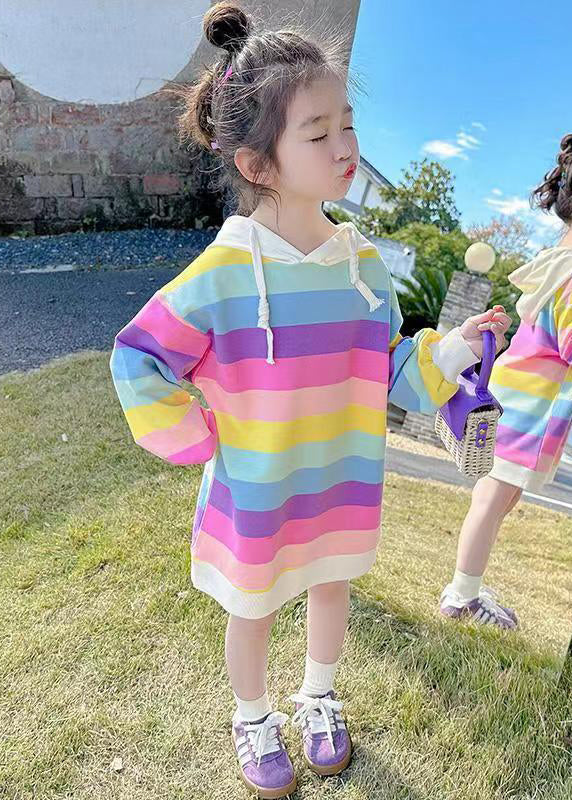 New Rainbow Hooded Lace Up Cotton Sweatshirt Dress Fall Xz074