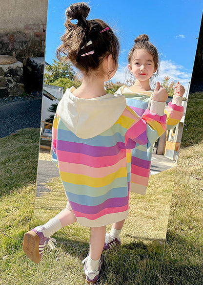 New Rainbow Hooded Lace Up Cotton Sweatshirt Dress Fall Xz074