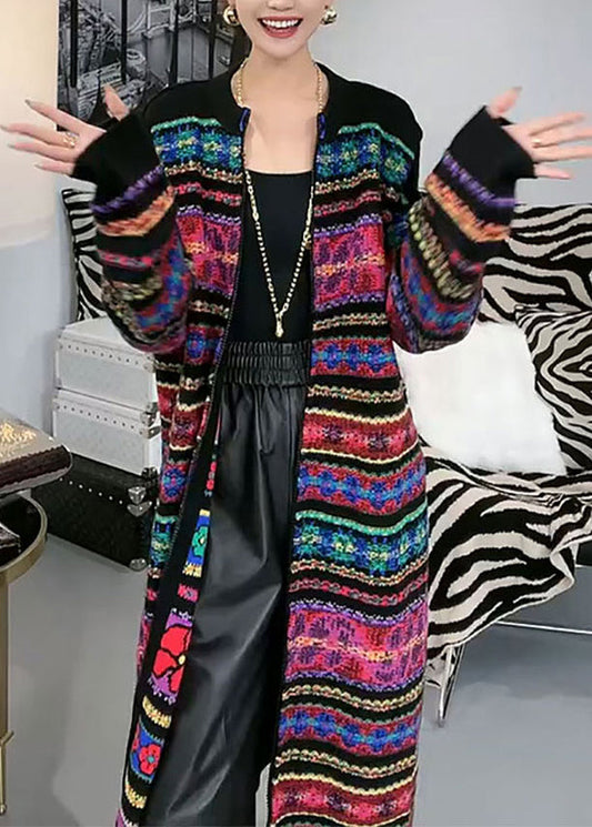 New Rainbow O-neck Zip Up Patchwork Knit Cardigans Fall Wn037
