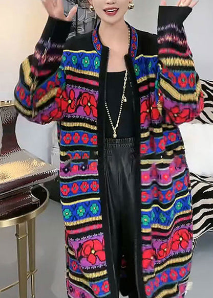 New Rainbow O-neck Zip Up Patchwork Knit Cardigans Fall Wn037