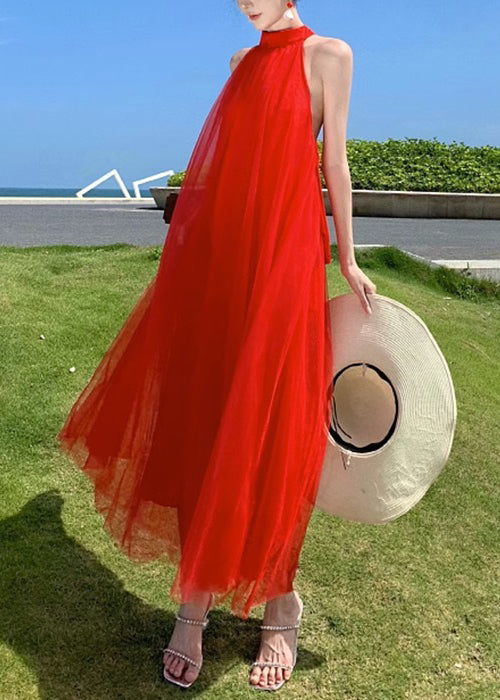 New Red Backless Lace Up Tulle Long Dresses Sleeveless Kk023