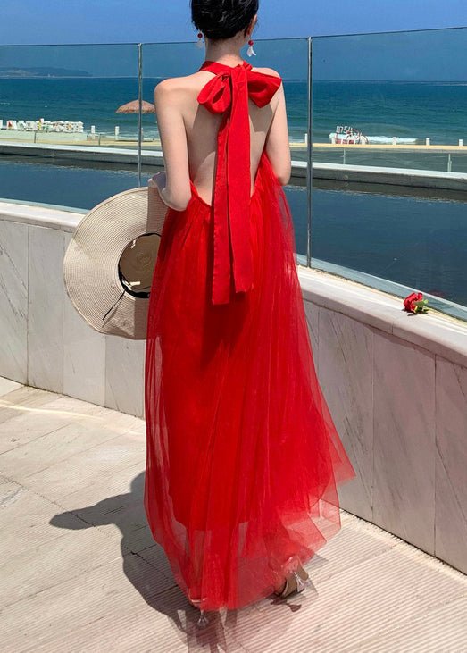 New Red Backless Lace Up Tulle Long Dresses Sleeveless Kk023