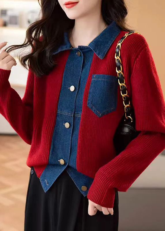 New Red Button Pockets Patchwork Knit Coat Spring Tf024