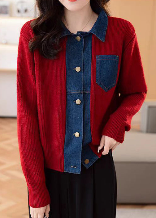 New Red Button Pockets Patchwork Knit Coat Spring Tf024