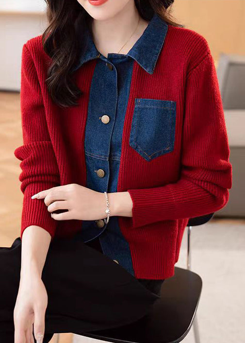 New Red Button Pockets Patchwork Knit Coat Spring Tf024