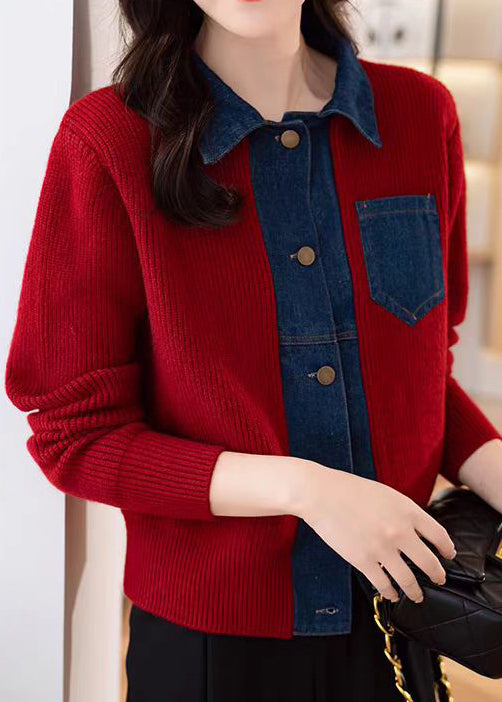 New Red Button Pockets Patchwork Knit Coat Spring Tf024