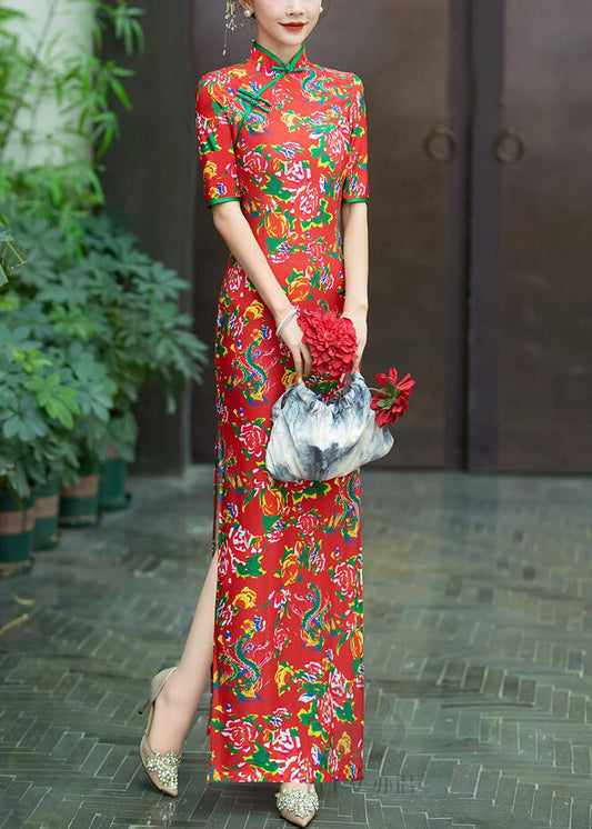 New Red Button Print Cotton Long Dresses Summer Qa1006