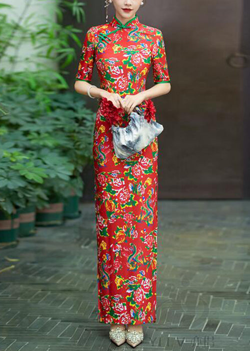 New Red Button Print Cotton Long Dresses Summer Qa1006