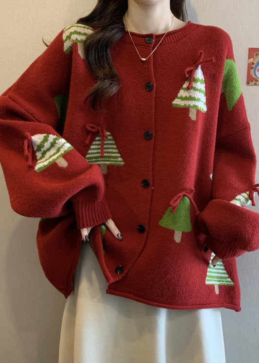 New Red Christmas Tree Bow Button Knit Cardigan Winter Rg019