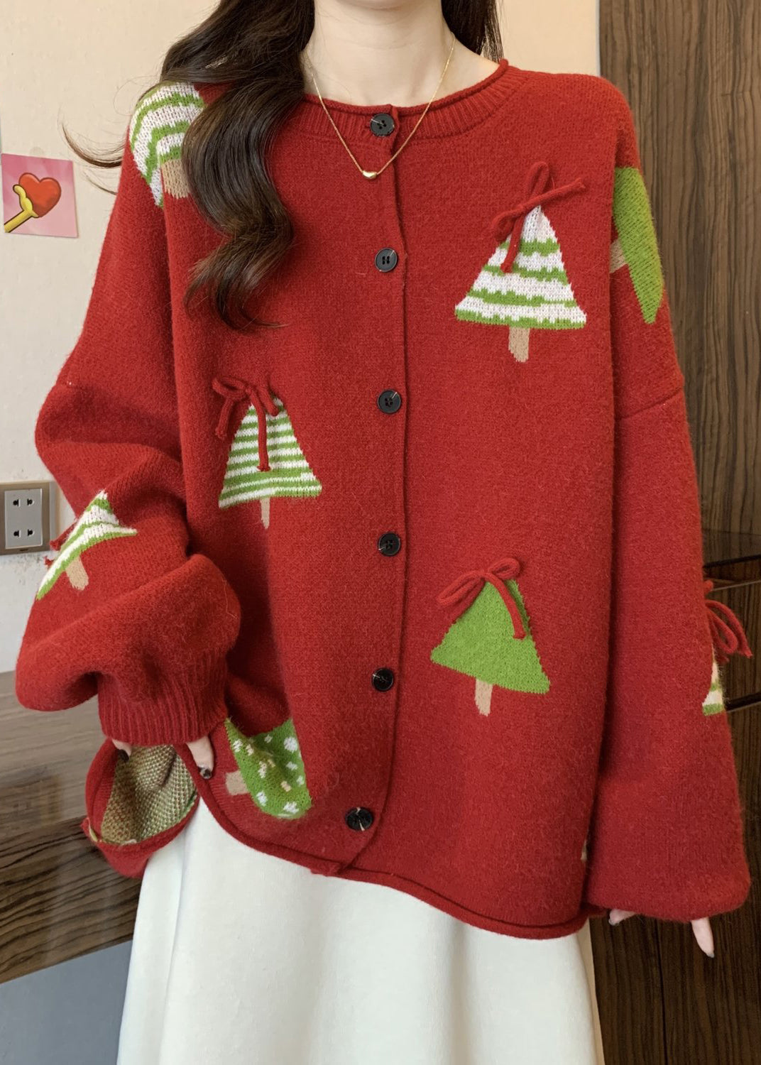 New Red Christmas Tree Bow Button Knit Cardigan Winter Rg019