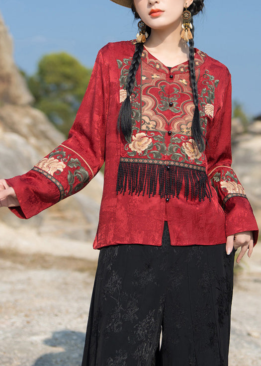 New Red Embroidered Tasseled Silk Coat Long Sleeve Qa1062