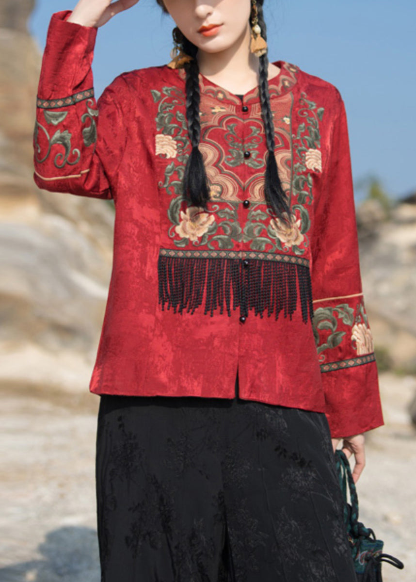 New Red Embroidered Tasseled Silk Coat Long Sleeve Qa1062